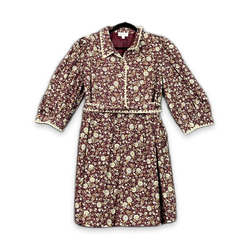 &Merci Mini Dress Women Large Burgundy Floral Cotton Belted Puff Sleeve Bohemian